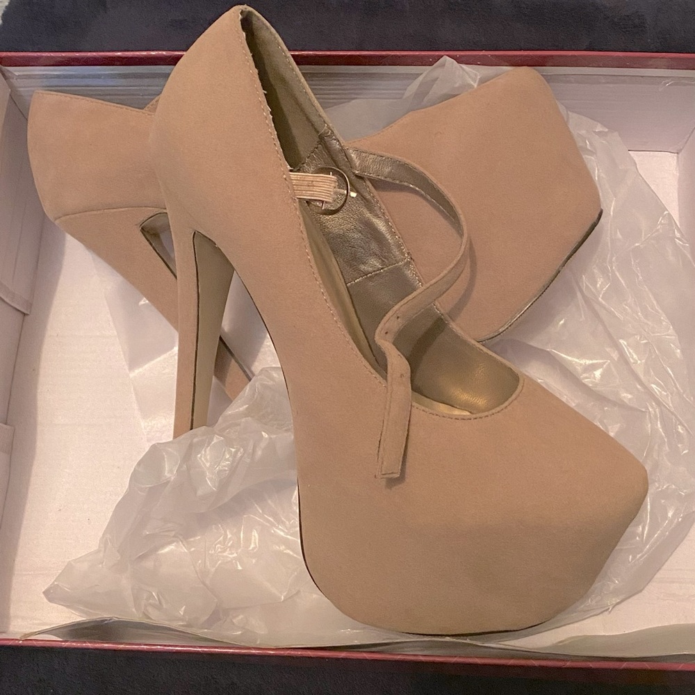 Tan suede high heels